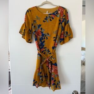 Mustard Floral Tie-Waist Mini Dress